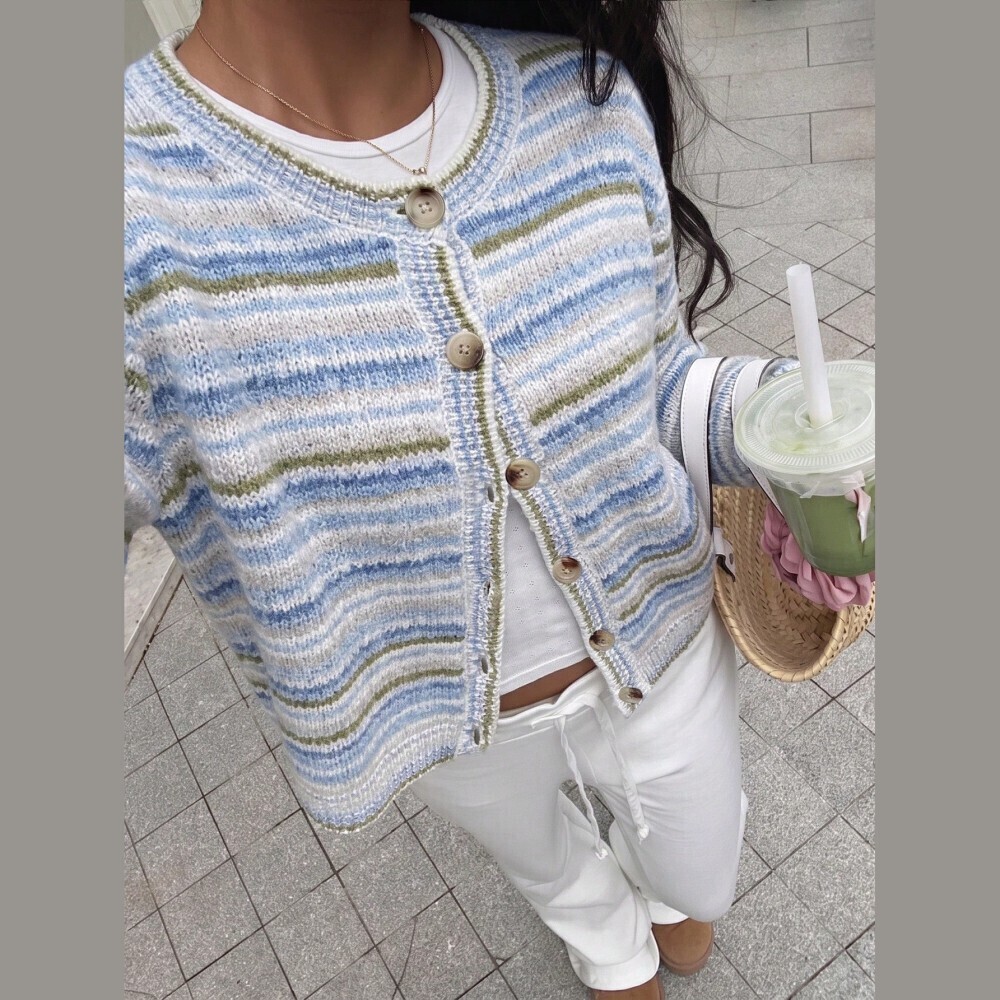 Blue Striped Space Dye Knit Button Front Crop Cardigan